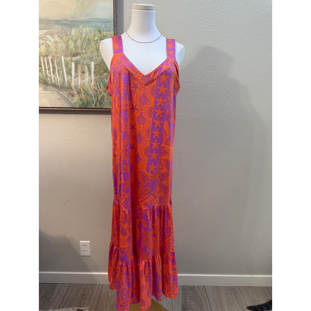 Orange Purple Coastal Print Maxi Dress Size M Beachy Summer‎